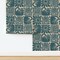 Teal Block Print Retro Petrol Floral Cat Cream Squares Modern Leaves Custom Pre-pasted Wallpaper by Spoonflower Pre-Pasted Wallpaper 2FT Wide